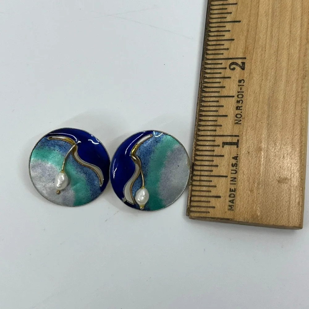 Vintage Sterling Silver Enamel Earrings Freshwater Pearl Blue Beachy Artsy